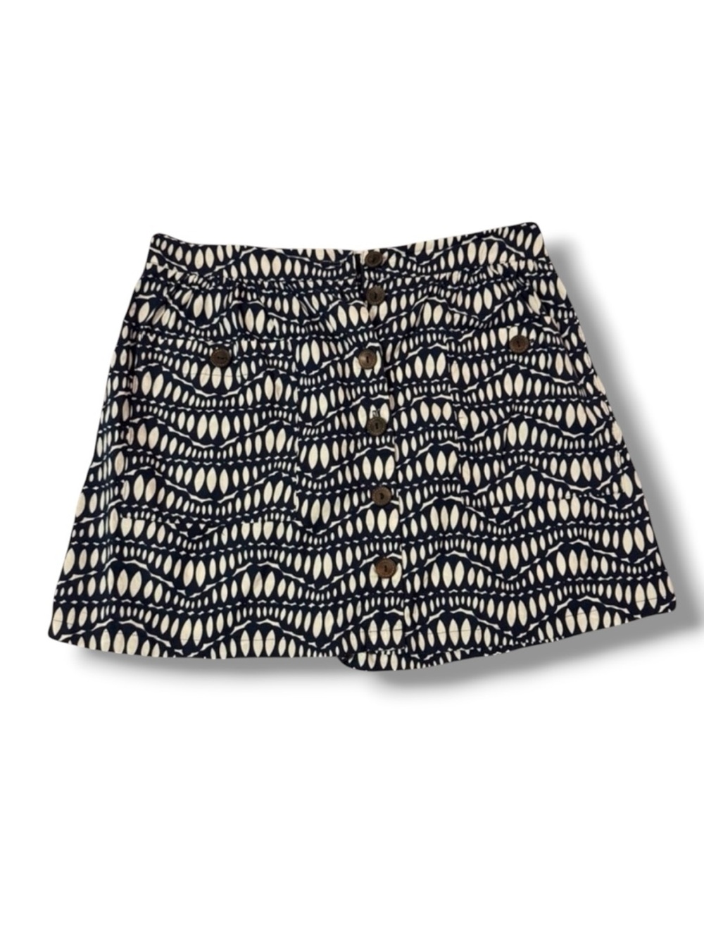 Chic Navy Blue and Cream Patterned Button Up Mini Skirt with Pocket Size Medium